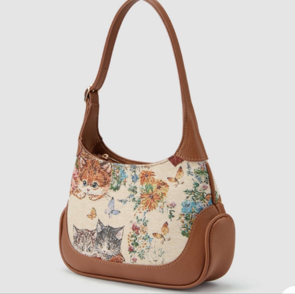 Brown and Cream Cat Print Women's Bag